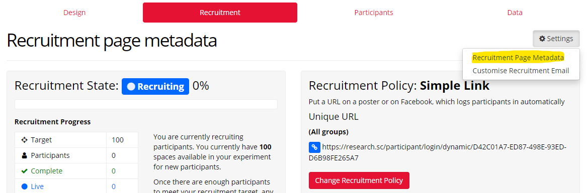 Screenshot of the Recruitment tab. The Settings menu is open, containing the Recruitment Page Metadata option
