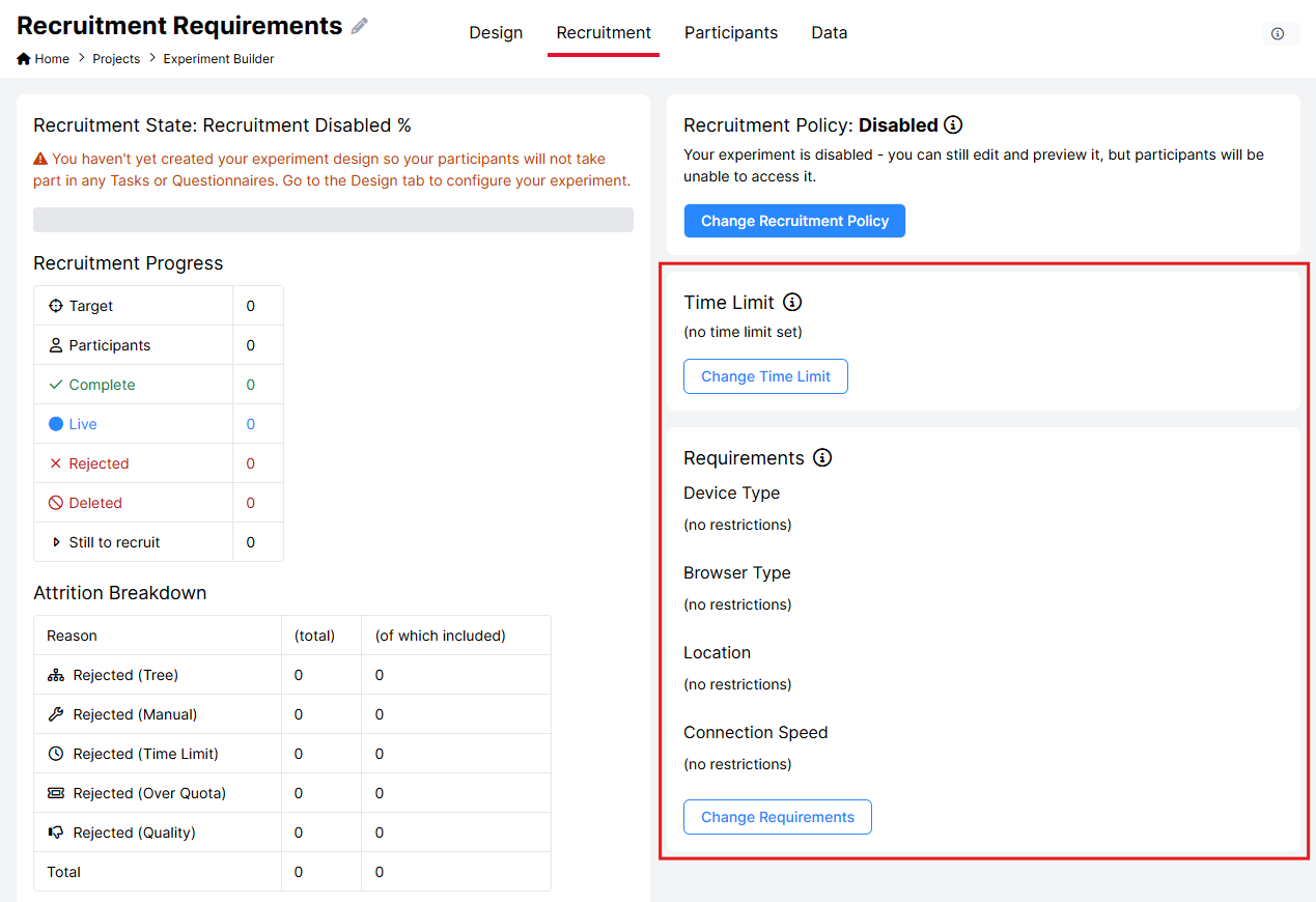 A screenshot of the Recruitment Tab within Gorilla Experiment Builder. The Time Limit and Requirements settings are highlighted with a green box.