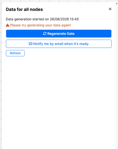 Screenshot of the data generation window when data have not generated after 1 hour. Regenerate Data button appears