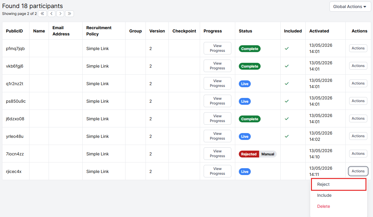 A screenshot of the Participants Tab of the Experiment Builder. The Actions button has been clicked to show the Reject option.