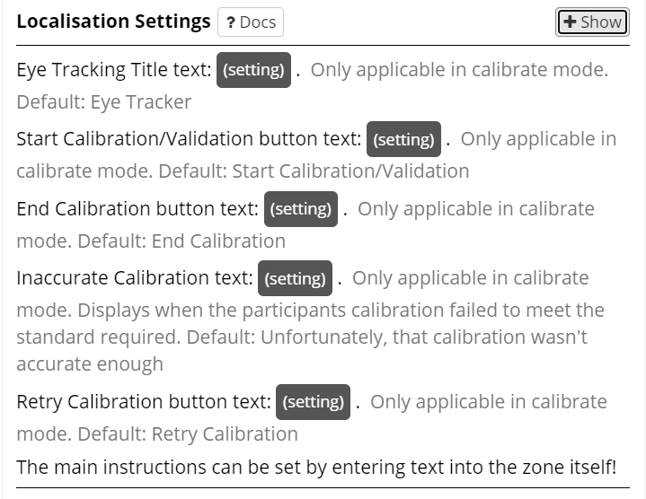 A screenshot of the localisation settings in the eyetracking zone.