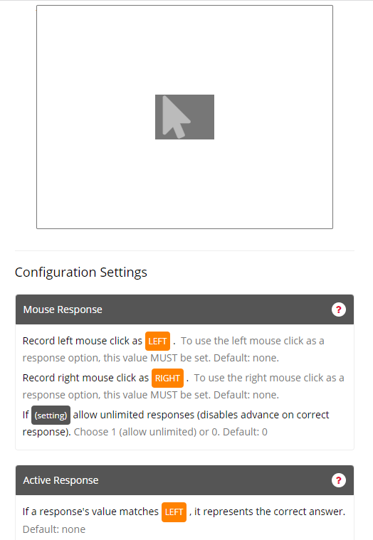 Screenshot of the Mouse Response Zone and configuration settings in the Task Builder