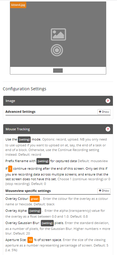 Screenshot of the MouseView Zone and configuration settings in the Task Builder
