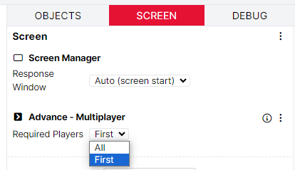Image showing a screen component Advance Multiplayer with a Required Players setting set to First.