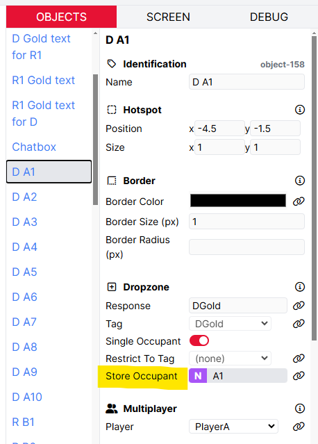 A screenshot of the Dropzone settings with the Store Occupant bound to A1 Network Store field.