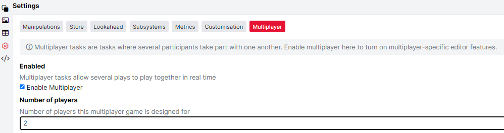 Image showing the Multiplayer tab in Task Builder 2. Enable Multiplayer is ticked and the number of players is set to 2