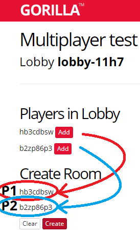 Screenshot of the matchmaking room with an Add button next to each player in the Lobby and a Create button to create a room