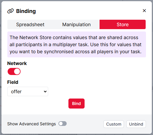 A screenshot of the Network Store binding modal with the Network setting turned on and the field setting set to offer.