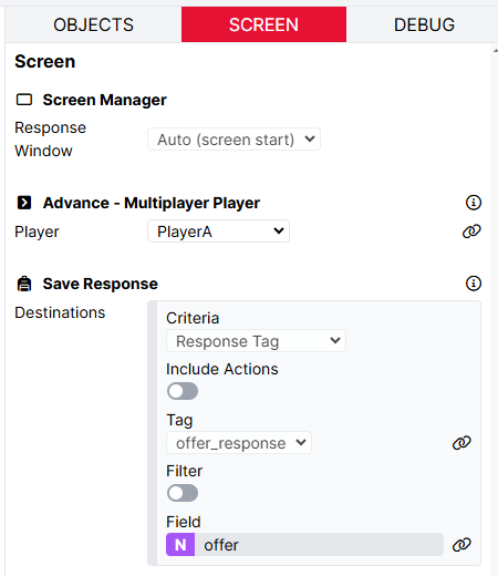 A screenshot of the Save Response component with Criteria set to Response Tag, Tag set to offer_response and field set to offer.