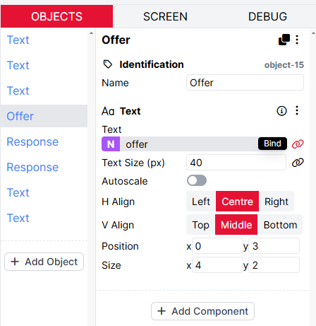A screenshot of the Offer object with a Text component where the text setting is set to offer and the binding sign is highlighted.