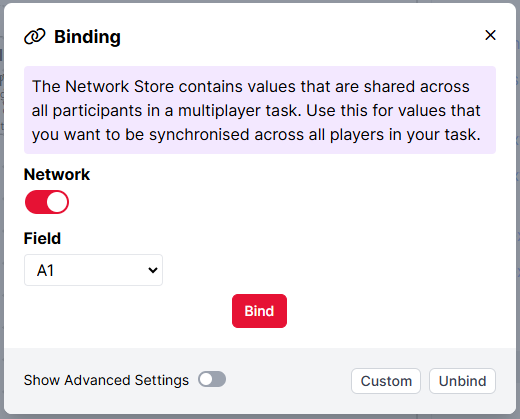 A screenshot of the binding modal with the network setting toggled on and the field setting set to A1.