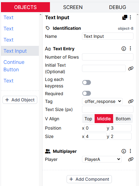 A screenshot of the Text Input object with a Text Entry component where the tag setting is set to offer_response.
