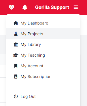 A screenshot of the account menu open, and the My Projects option is selected.