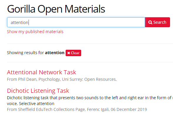 A screenshot of the Gorilla Open Materials repository, showing the first few results for 'attention'.