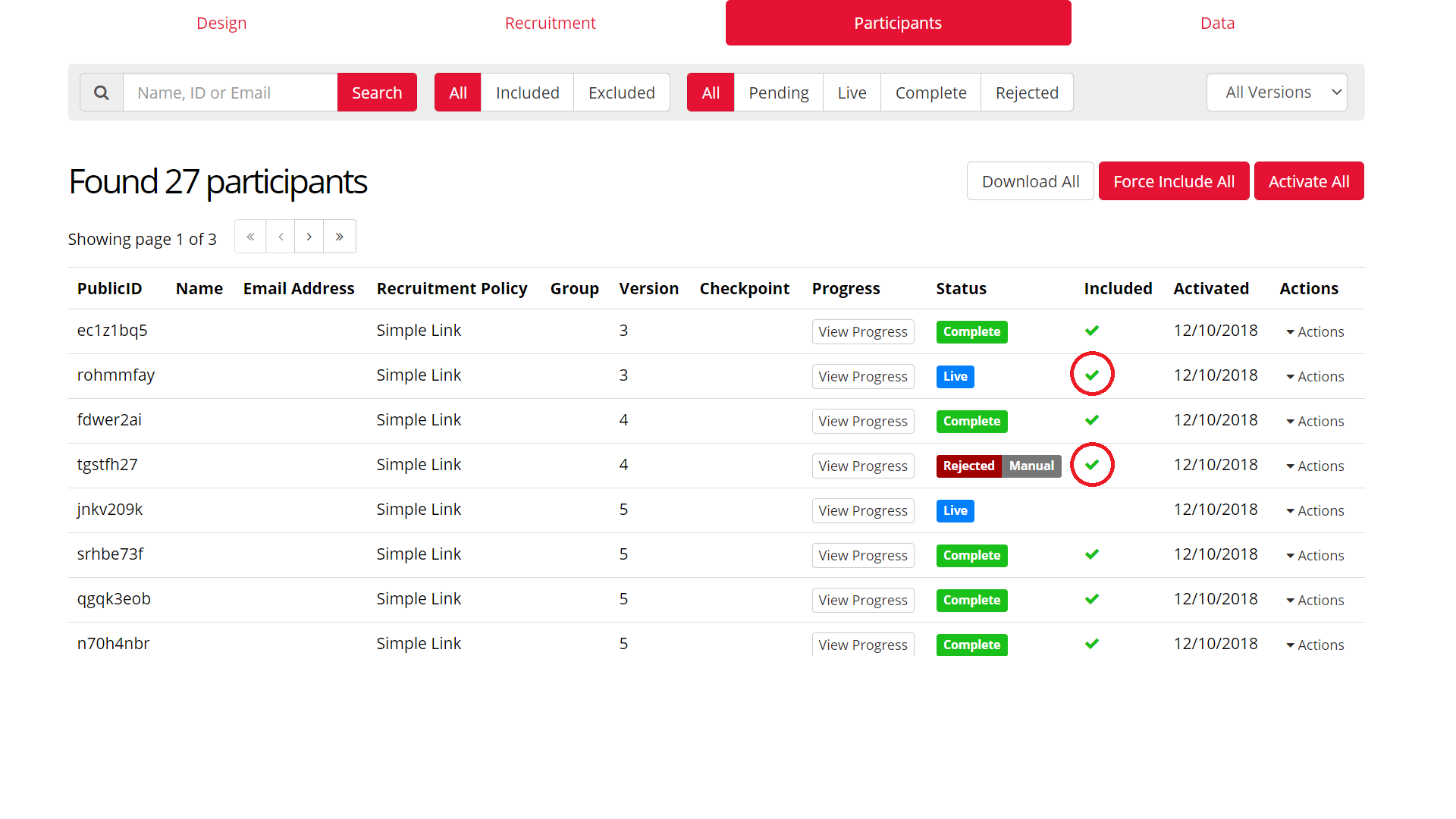 A screenshot of the Participants Tab in the Experiment Builder. A manually Rejected participant has been Included; the tick in the Included column has been highlighted with a red circle.