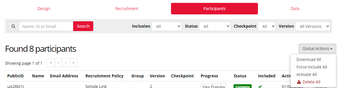 A screenshot of the Participants Tab in the Experiment Builder. The Global Actions button has been clicked to show the Delete All option.