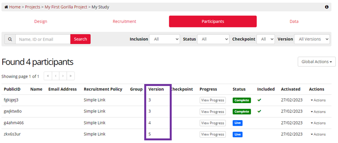 A screenshot of the Participants Tab in the experiment builder. A purple box highlights the Version column of the participant table.