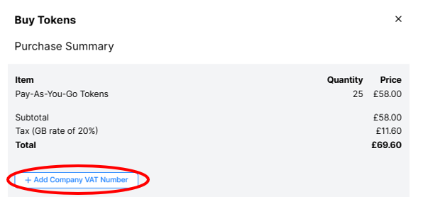 Click '+Add company VAT number' button on the Buy Tokens popup
