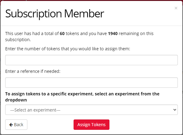 Screenshot of the Assign Tokens window, showing text boxes for number of tokens and reference, dropdown for experiment selection, and the Assign Tokens button