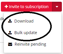 Screenshot of the Members tab of My Subscription. The arrow next to Invite to Subscription has been clicked, showing Download and Bulk Update options