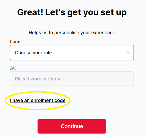 A screenshot of the signup page in Gorilla, 'I have an enrolment code' is highlighted