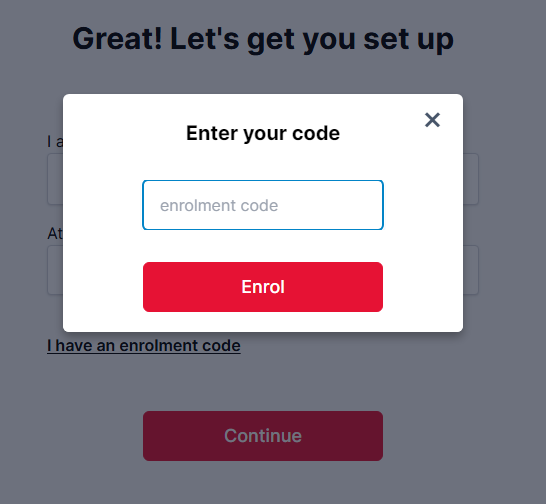 A screenshot of the enrolment code window with a text box and the button 'Enrol'