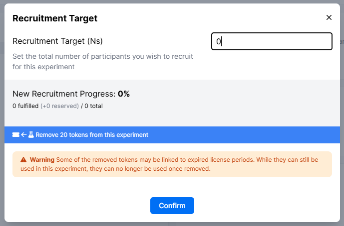 Screenshot of a warning message about tokens from an expired license period on the Recruitment Target window