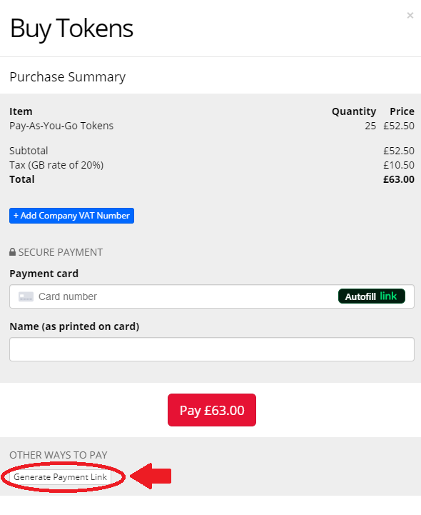 Screenshot of the Buy Tokens window. At the bottom, under OTHER WAYS TO PAY, 'Generate Payment Link' is circled.