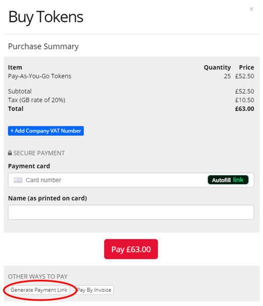 Screenshot of the Buy Tokens window. At the bottom, under OTHER WAYS TO PAY, 'Generate Payment Link' is circled.