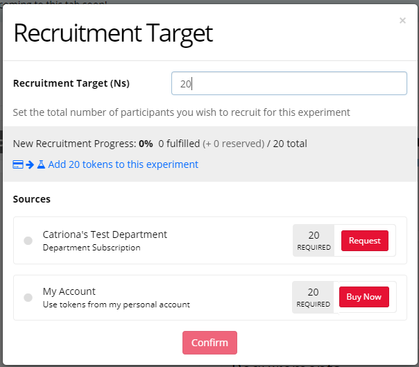 Recruitment target popup to request tokens from subscription or buy new ones