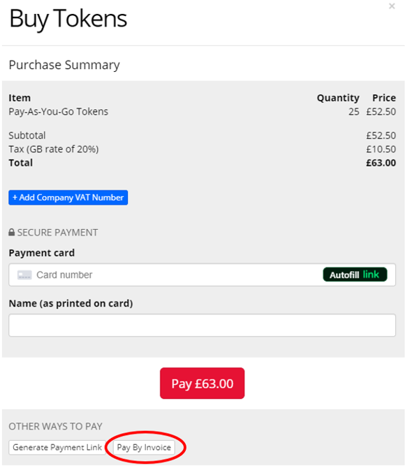 Screenshot of the Buy Tokens window. At the bottom, under OTHER WAYS TO PAY, 'Pay by Invoice' is circled.