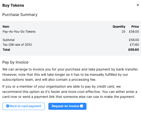 Screenshot of the Buy Tokens window. At the bottome, under Pay by Invoice, there is a red Request An Invoice button.