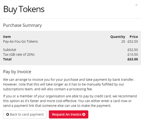 Screenshot of the Buy Tokens window. At the bottome, under Pay by Invoice, there is a red Request An Invoice button.