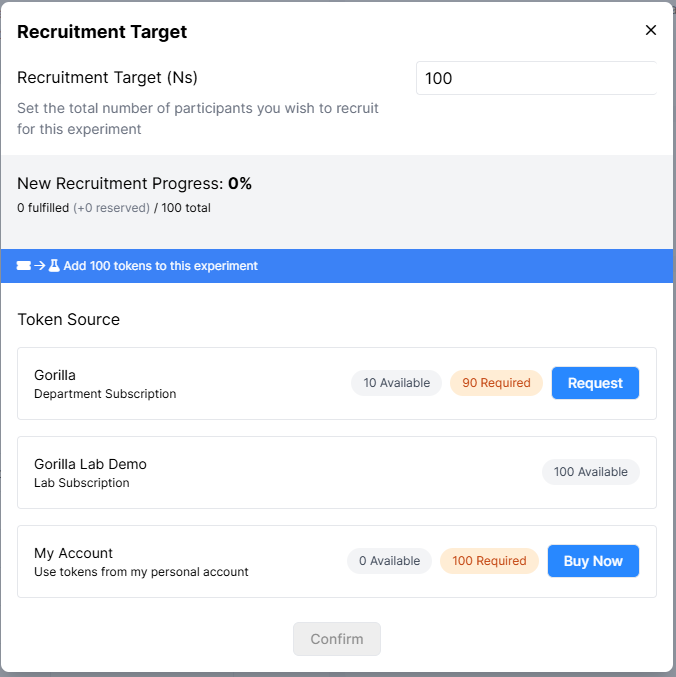 Screenshot of Recruitment Target window showing several subscriptions to choose from and number of tokens available on each