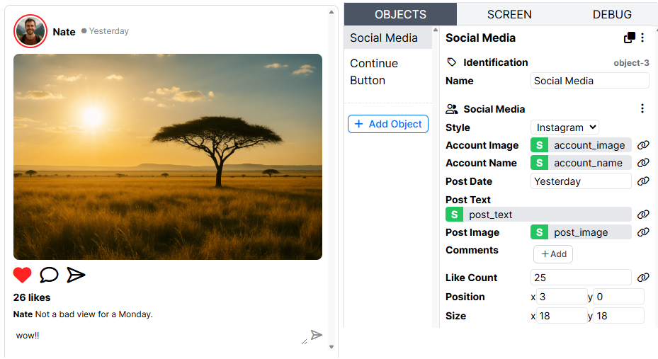 Screenshot of the custom Instagram-style Social Media component created with TB2 scripting