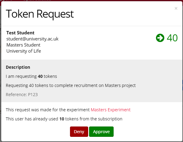 Screenshot of token request with comment, reference, and link to the experiment, and the option to Approve or Deny the request.