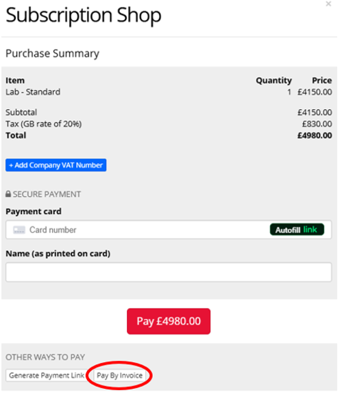 Screenshot of the Buy Tokens window. At the bottom, under OTHER WAYS TO PAY, 'Pay by Invoice' is circled.