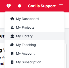 Screenshot of the top-right menu when logged into Gorilla. 'My Library' is highlighted
