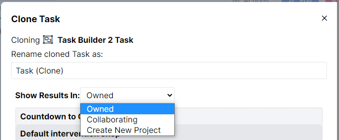 Screenshot of the Clone Task dialog. 'Projects I'm Collaborating On' is selected in the 'Select A Project From' dropdown