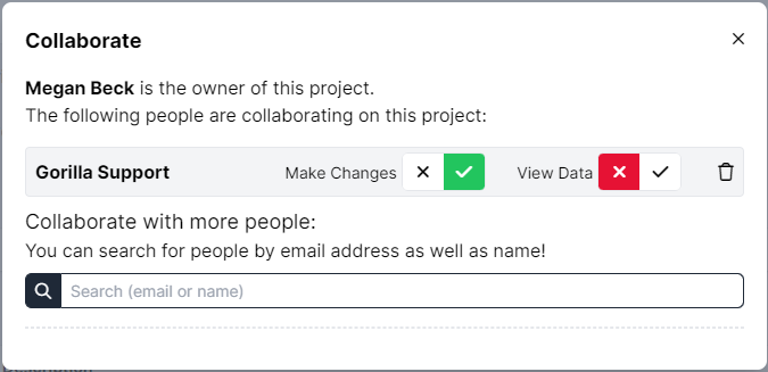 Screenshot of the Collaborate dialog. Collaborator has green tick next to Make Changes, red cross next to View Data