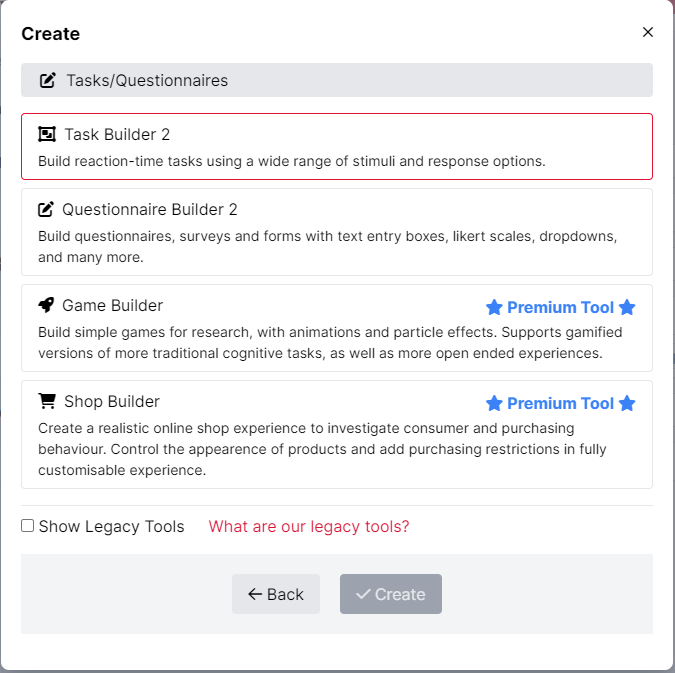 Screenshot of the Create menu. Task Builder Task is highlighted