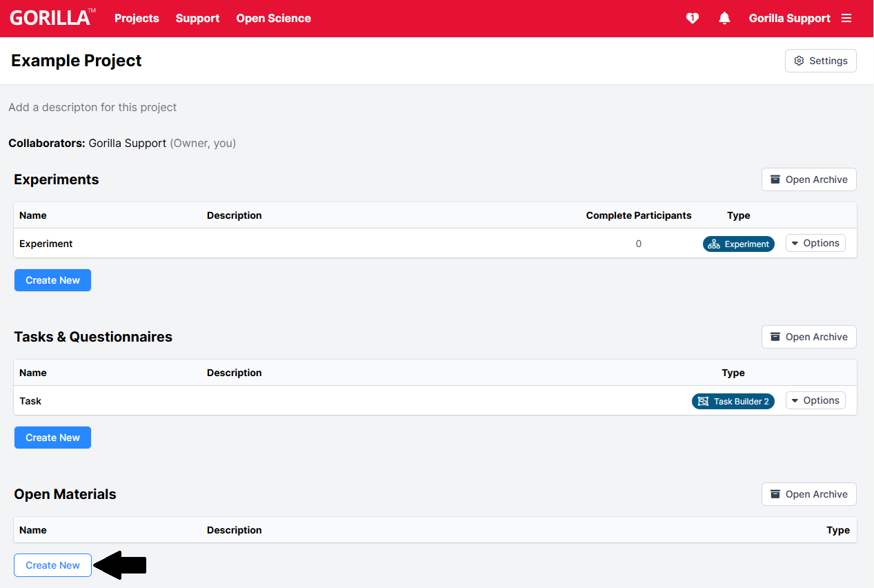 Screenshot of a Project page. The Create New button under the Open Materials section is highlighted.