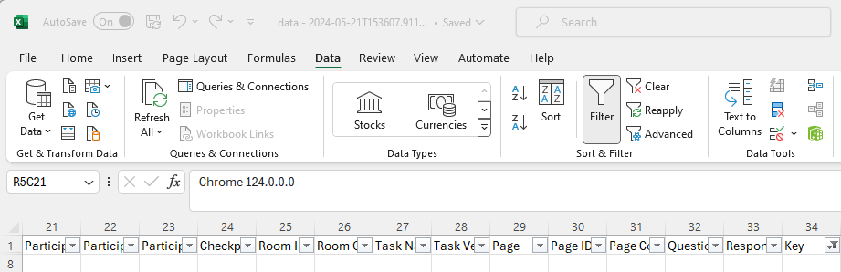 Screenshot of data in Excel with columns but no rows of data