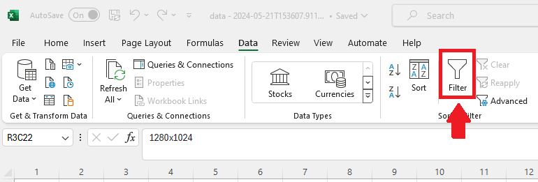 Screenshot of the Data tab in Excel with the Filter button highlighted