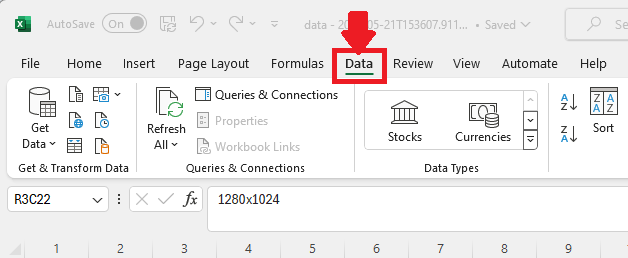 Screenshot of Excel with the Data tab highlighted in the top menu