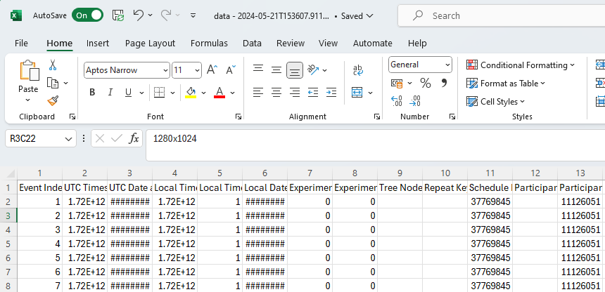Screenshot of a Gorilla data file open in Excel