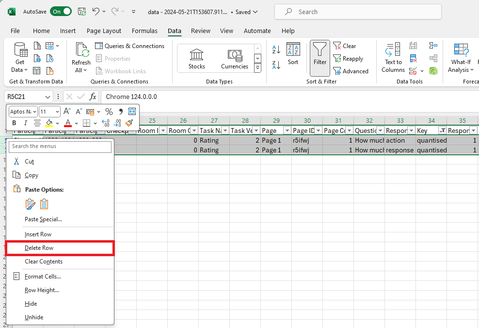 Screenshot of data in Excel with all rows selected and the Delete Row menu option highlighted