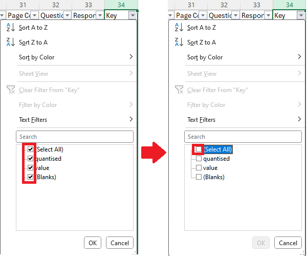Screenshot of the Filter menu in Excel with the Select All box unticked
