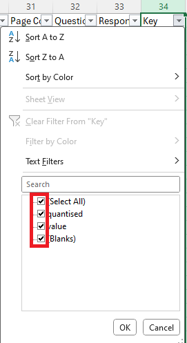Screenshot of the Filter menu in Excel