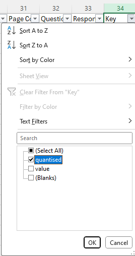 Screenshot of the Filter menu in Excel with only the quantised box ticked